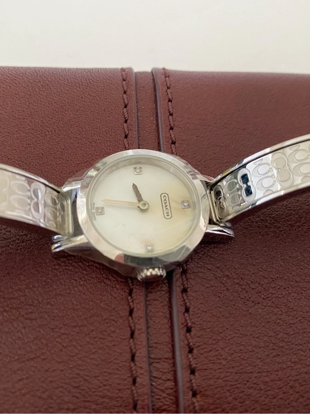 Coach Signature 0277 Silver Bangle Watch with Crystals and Mother-of-Pearl Dial